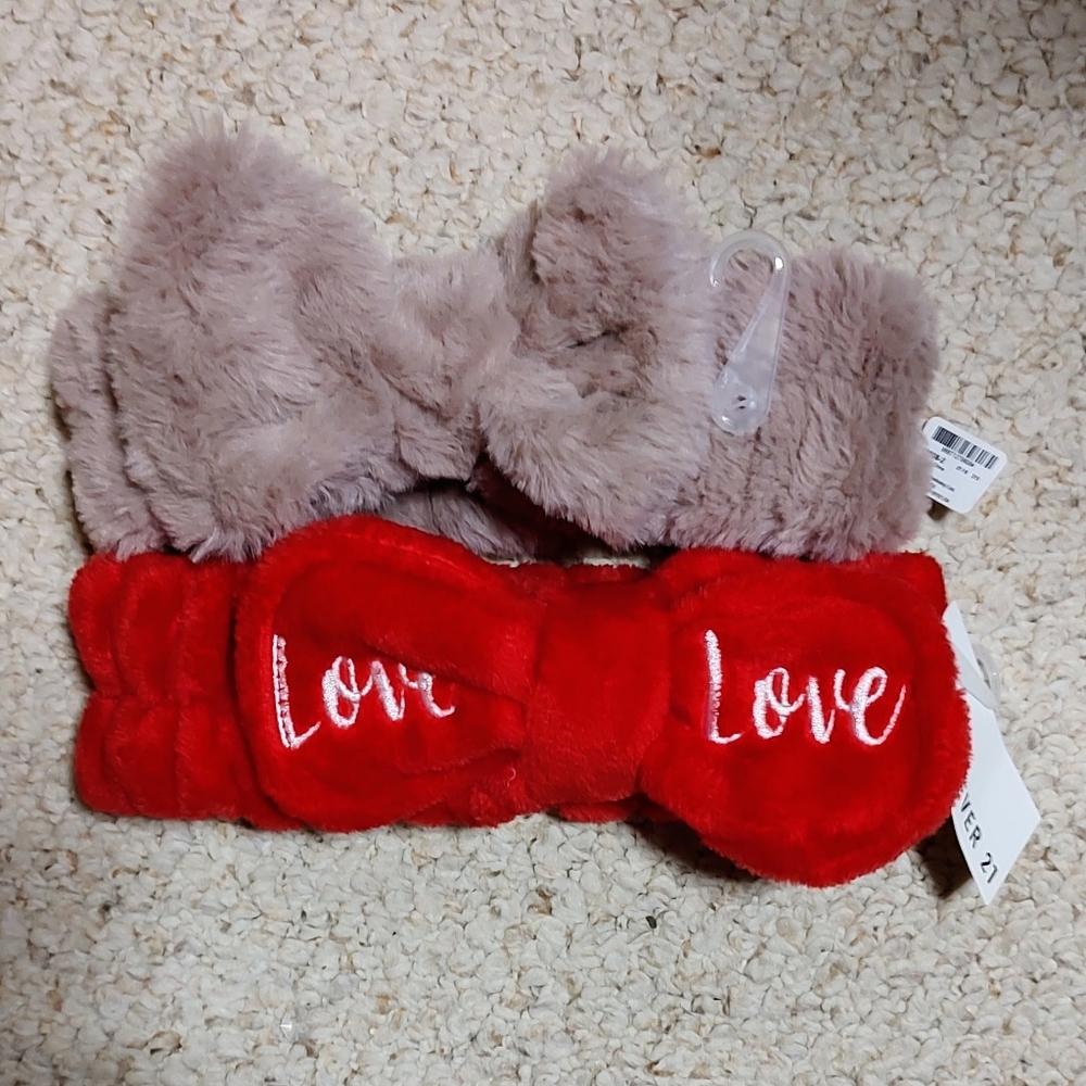 1 Forever 21 Vibrant Red Love Bow Headband And 1 Icing Mauve Headband. Both